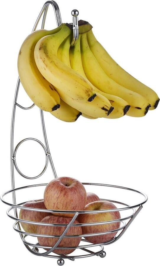 Fruitschaal met bananenhaak 43cm hoog bedraad fruitrek bana-standaard hanger zilverachtig chroomafwerking fruitschaal bana-hanger Fruitschaal