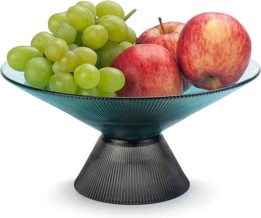 Fruitschaal voor aanrecht glazen fruitmand op sokkel decoratieve schaal voor tafelblad eetkamer en woonkamer decoratie turkoois Kleur friut basket