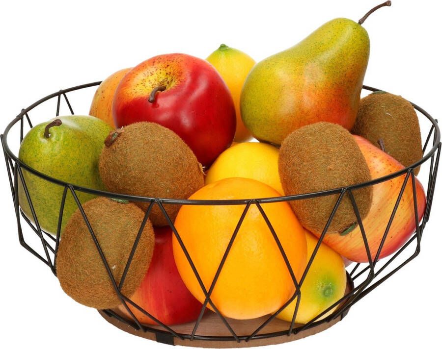 Trendo Fruitschaal fruitmand rond zwart metaal hout 28 cm Fruitschalen fruitmanden Draadmand van metaal