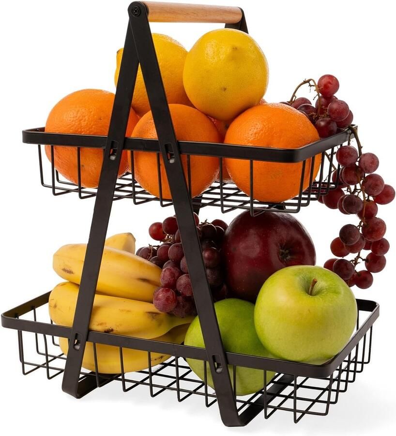 Fruitstandaard Zwart Fruitmand 2-laags Fruitopberger met Draaggreep 30 x 17 5 x 33 cm