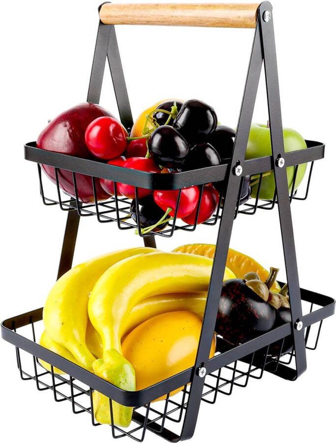 Fruittaartstandaard Fruitmanden met 2 fruitschalen taartstandaard Zwarte fruitmand Praktische fruitmanden Keuken Moderne fruitschaal Taartstandaard Hoekplank staand Afneembare opbergruimte van metaal voor groenten snacks