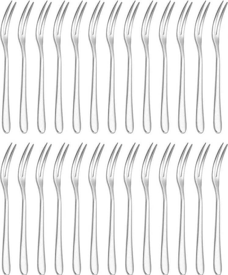 Fruitvork van roestvrij staal 26 stuks serviesvorken kleine vork 130 x 10 mm dessertminivork roestvrij staal voor fruit groenten salade gebak dessert (zilver)