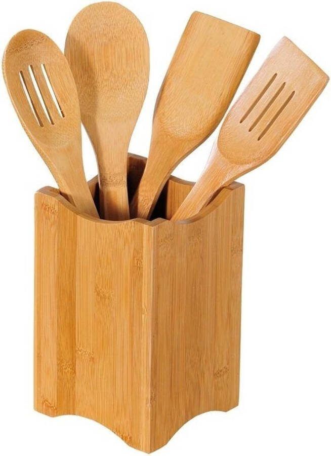 Kesper FSC Bamboe 5-delige Houten Keukenset Keukengerei inclusief Vierkante Houder Spatel Pollepel etc. Afm. 11 x 11 x 18 Cm