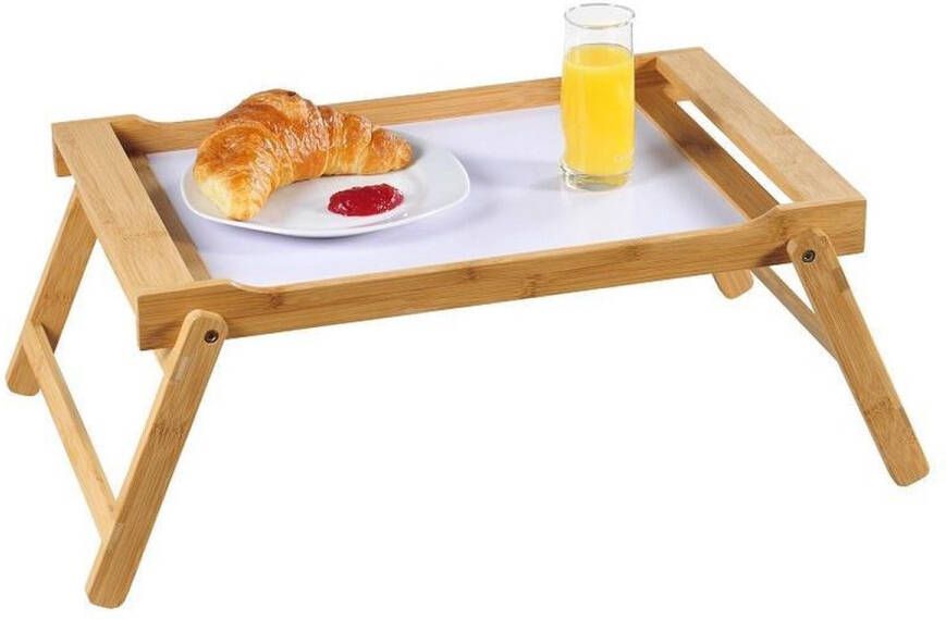 FSC Bamboe Elegante inklapbare bedtafel met dienblad Houten Bed tafel Witte tafel beddienblad Ontbijt dienblad Ontbijt op Bed Afm. 59 x 33 x 24 Cm. BAMBOE WIT