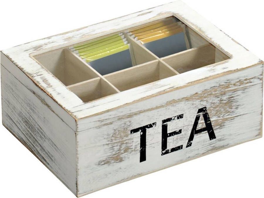 Kesper FSC Bamboe Theedoos met 6 Vakken Theekist met deksel en venster Thee Doos Hout Thea Box Afm 22 x 16 x 9 Cm Kleur Wit