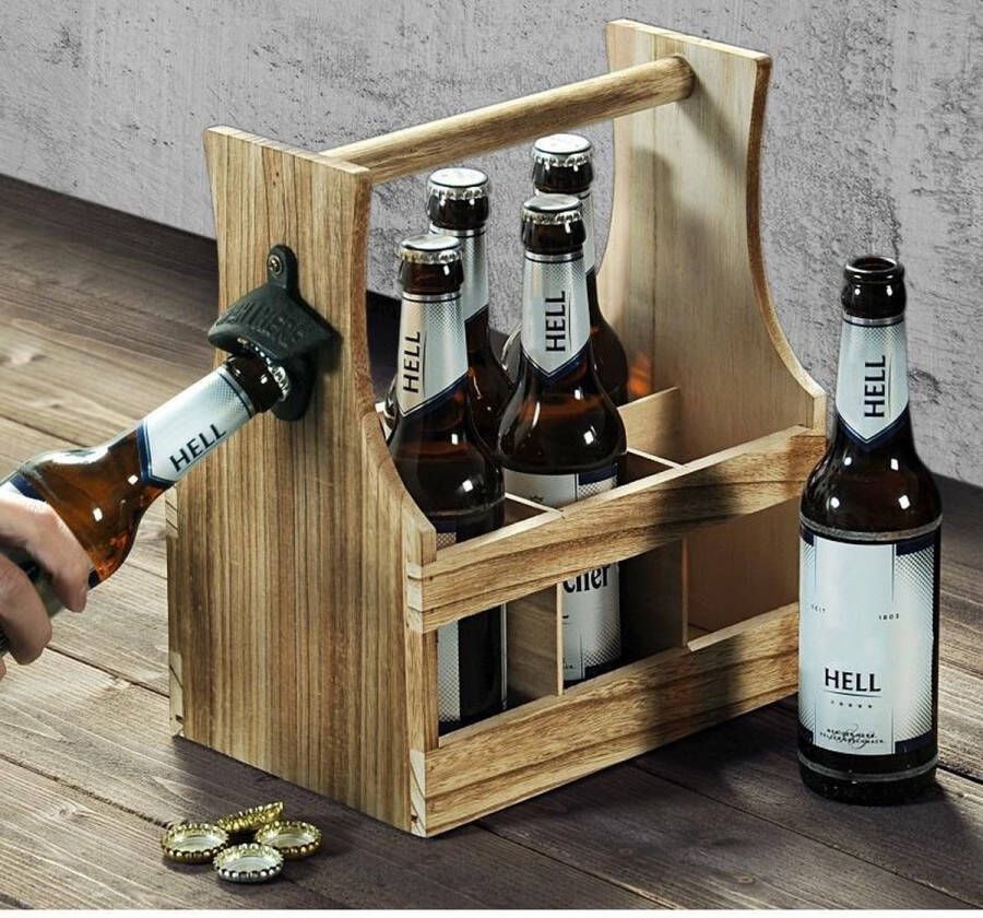 FSC Houten Bierkrat met Bierflessen opener Bier Flessenhouder voor 6 flessen met opener Bier butler Bierkrat Flessen Drager Bier Krat Afm. 25 x 16 8 x 32 Cm