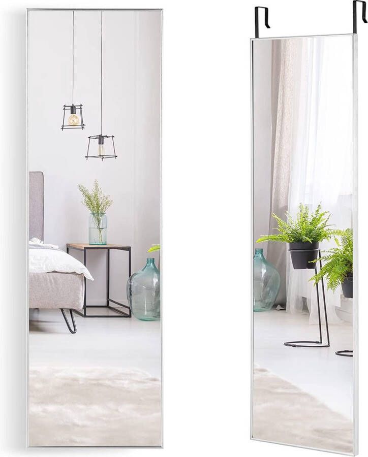 Full-body spiegel met in hoogte verstelbare hanghaken wandspiegel deurspiegel hangspiegel spiegel voor slaapkamer woonkamer en entree (zilver) 37 x 120 cm