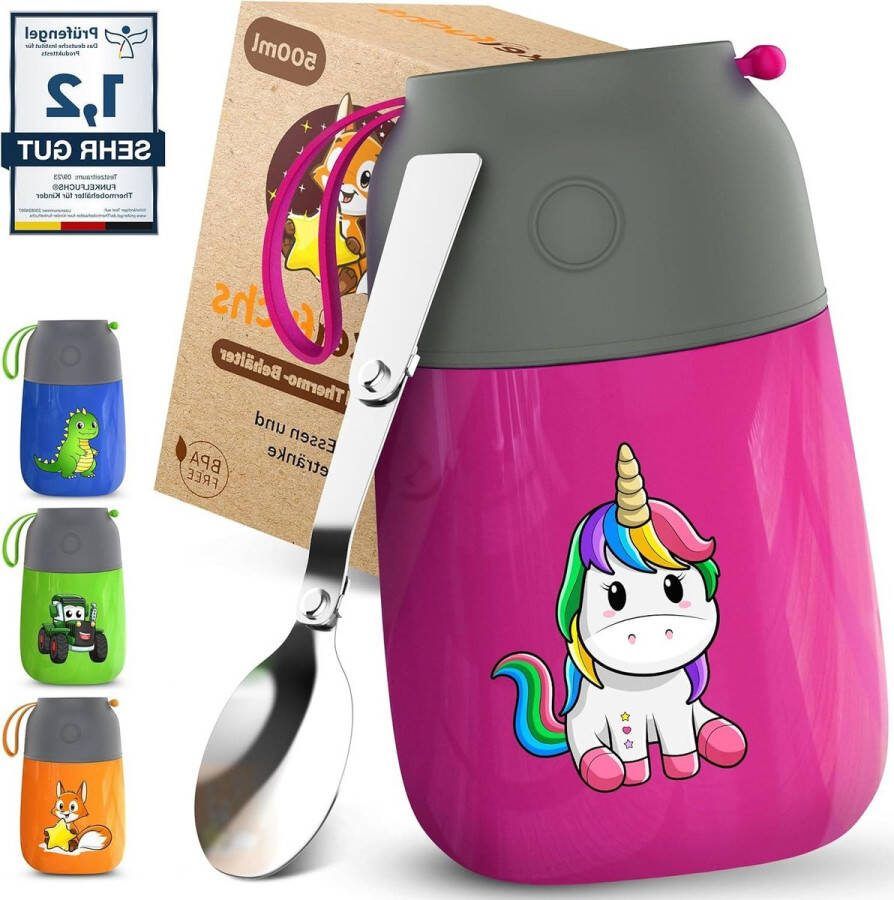 FUNKELFUCHSÂ Thermocontainer voor eten en kinderen 500 ml roze eenhoorn 100% lekvrij warmhoudcontainer roestvrij staal thermobeker eten thermische lunchbox voor kinderen warmhoudcontainer content