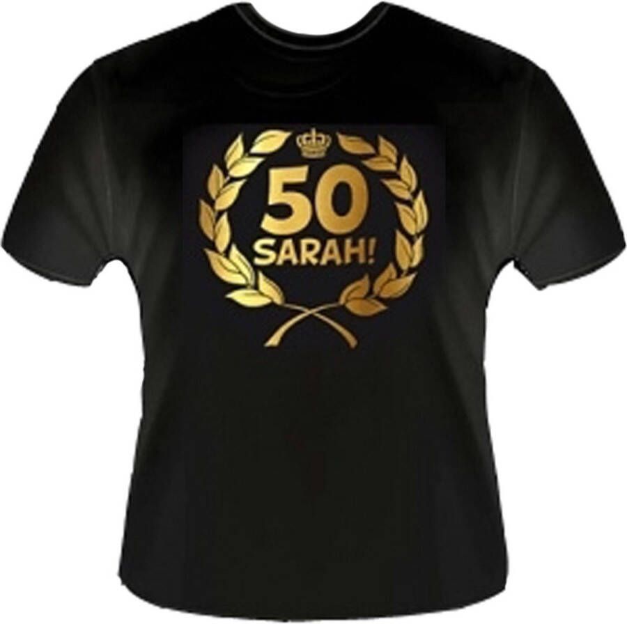 Funny zwart shirt. Gouden Krans T-Shirt Sarah 50 jaar Maat 5XL