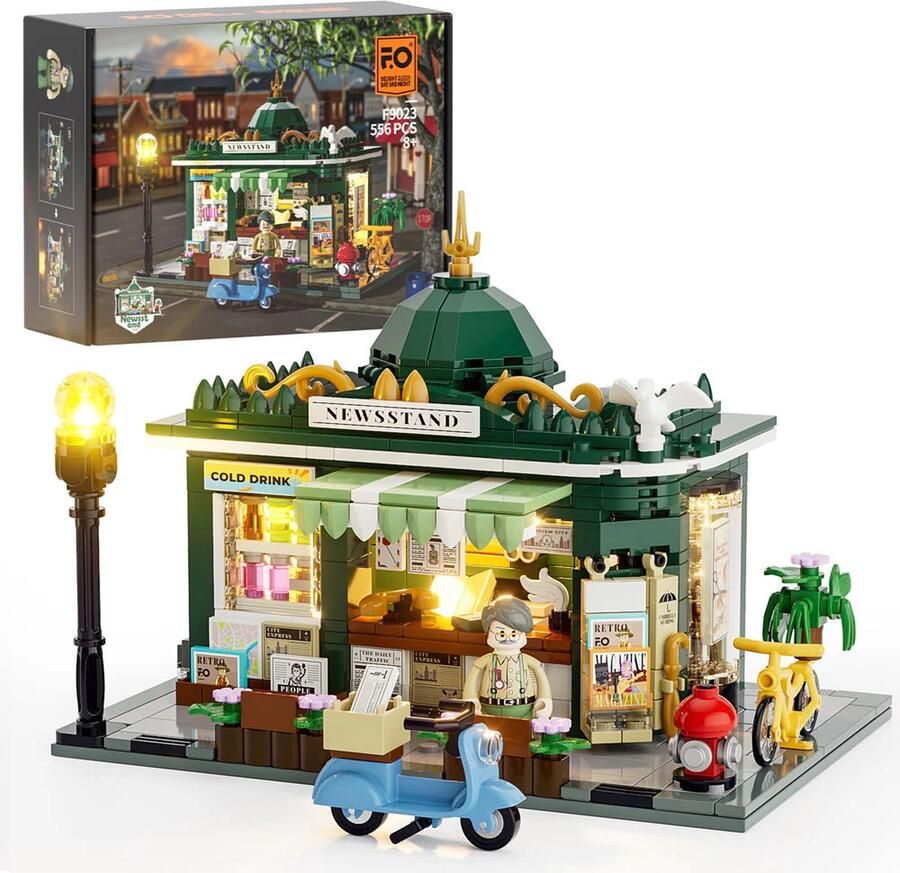 Funwhole F9023 Newsstand Bouwset 556 stuks bouwblokjes Met LED verlichting Educatief Speelgoed voor Volwassenen en Kinderen Gedetailleerde Instructies Hoogwaardige Kwaliteit