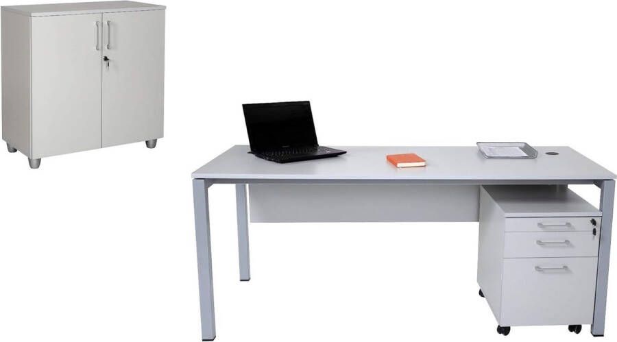 Furni24 Bureaubureauset Tetra 160 cm grijs zilver RAL 9006 bestaande uit: bureau rolcontainer met 3 laden archiefkast grijs zilver met 2 deuren en 1 plank