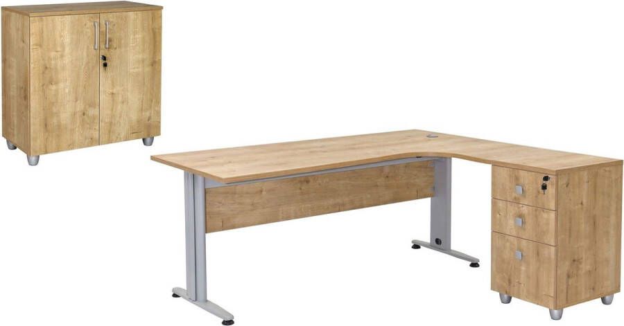 Furni24 Bureauset Dona saffier eiken decor bestaande uit: bureau incl. container met 3 laden schuin rechts archiefkast saffier eiken decor met 2 deuren en 1 plank