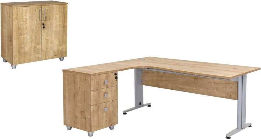 Furni24 Bureauset Dona saffier eiken decor bestaande uit: bureau inclusief container met 3 laden schuin links archiefkast saffier eiken decor met 2 deuren en 1 plank