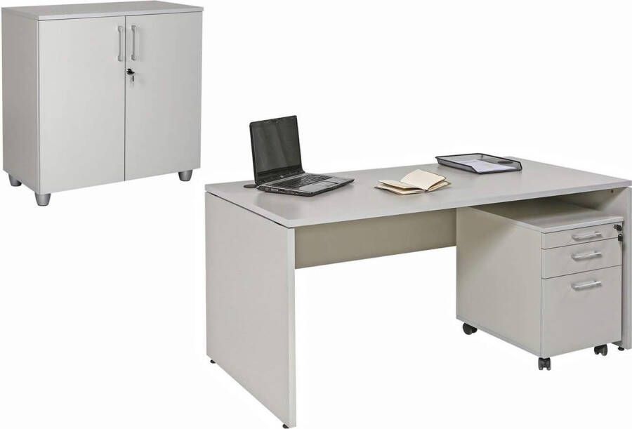 Furni24 Bureauset Nuvi grijs decor bestaande uit: bureau 160 cm rolcontainer 3 laden & archiefkast met deuren verstelbare plank 80 cm hoog