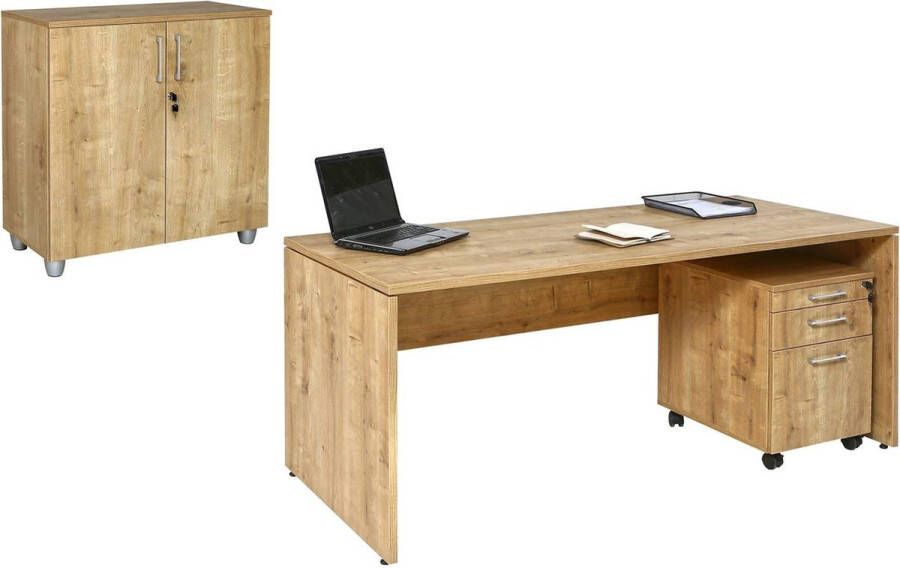 Furni24 Bureauset Nuvi saffier eiken decor bestaande uit: bureau 160 cm rolcontainer 3 laden & archiefkast met deuren verstelbare plank 80 cm hoog