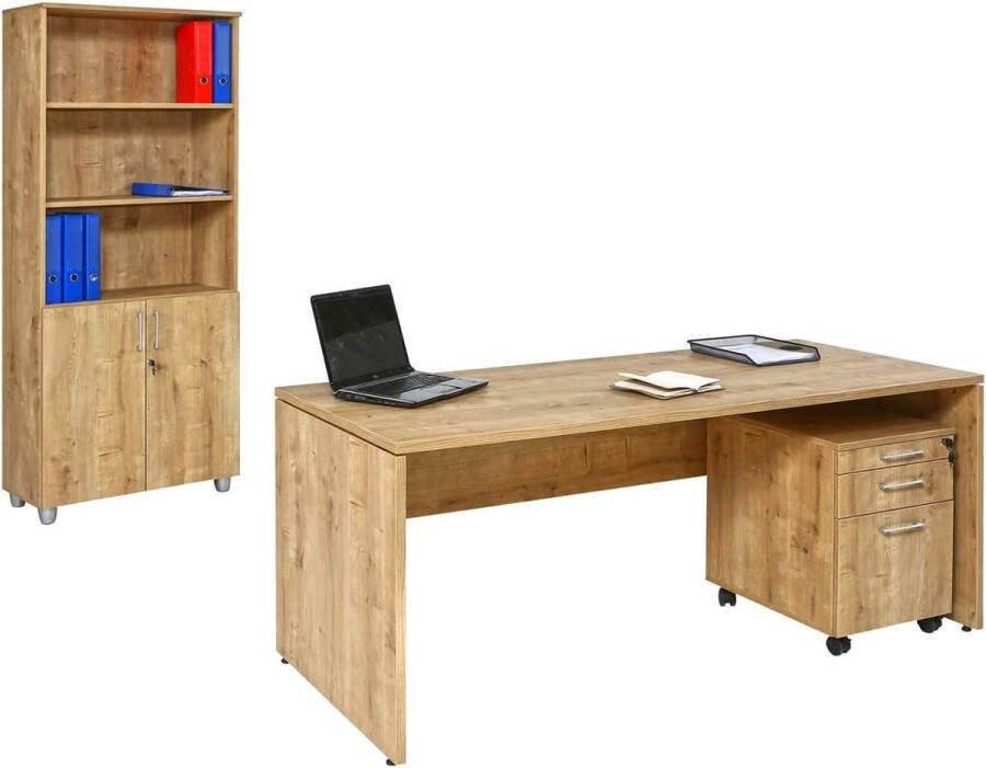 Furni24 Bureauset Nuvi saffier eiken decor bestaande uit: bureau 160 cm rolcontainer 3 laden & archiefkast Open aan de bovenzijde en deuren aan de onderzijde 190 cm hoog