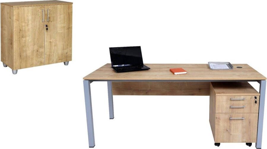 Furni24 Bureauset Tetra 180 cm eiken zilver RAL 9006 bestaande uit: bureau rolcontainer met 3 laden archiefkast saffier eiken decor met 2 deuren en 1 plank