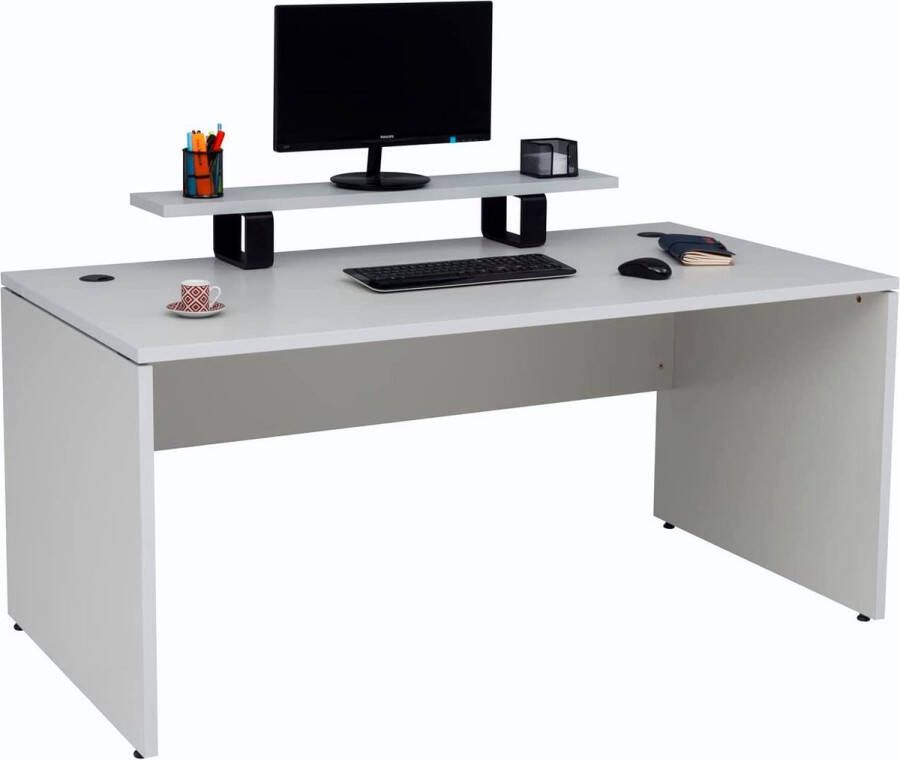 Furni24 Nuvi bureau 160 cm x 80 cm x 75 cm grijs decor inclusief kabelgoot en monitorstandaard