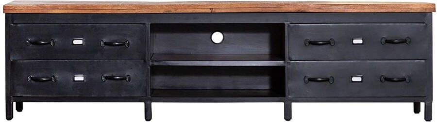 Furnilux TV Meubel Zwart Tv Meubel Industrieel Mangohout Zwart Metaal 4 Lades 205 cm
