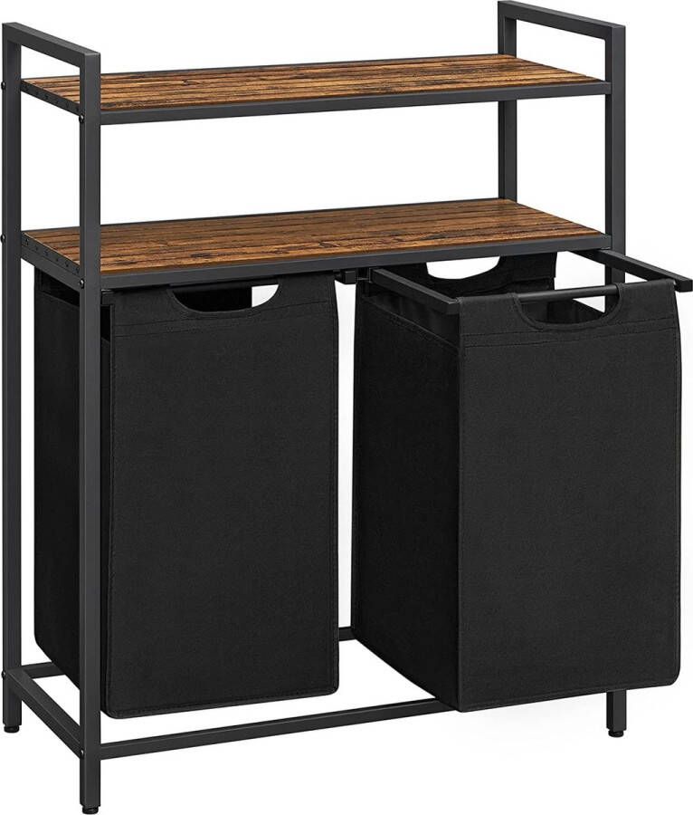 FurnStar Wasmand 2 vakken – wassorteerder uitschuifbaar met 2 planken 73 x 33 x 91 cm – wasmand met uitneembare zakken en klittenband sluiting 76L verdeeld over 2 zakken – wasmanden – wasmand zwart metaal bruin hout