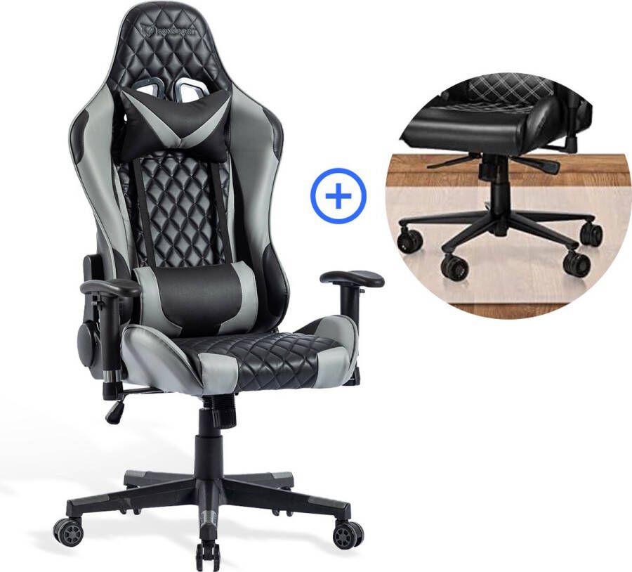 Gamestoel Bureaustoel Gaming Chair Nek en Rugkussen Verstelbare Zithoogte Kantoor Thuis Gaming Zwart Grijs Met bureaustoel vloermat