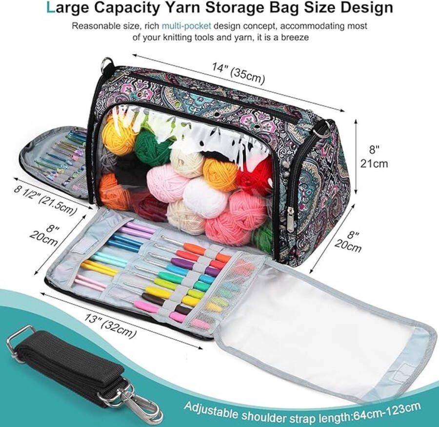 Garentas hoge capaciteit gehaakte organizer tas voor garen en breien accessoires opslag garen breien tas met schouderriem en 4 doorvoertules lichtgewicht garentas alleen tas (blauwe totem)