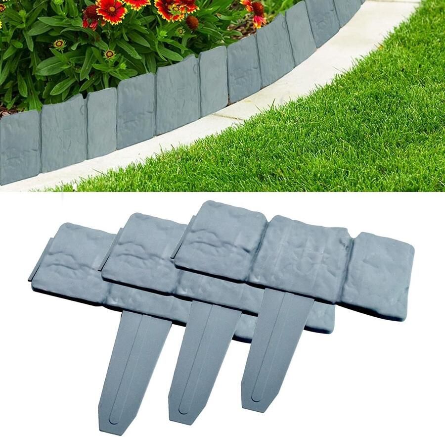 Gazonrand in steenlook gazonrand kunststof tuinpalissade bloembed grijs tuin gazon sierhek palissade hek steeneffect grens plantendecoratie voor gazon bloembed (20 stuks)