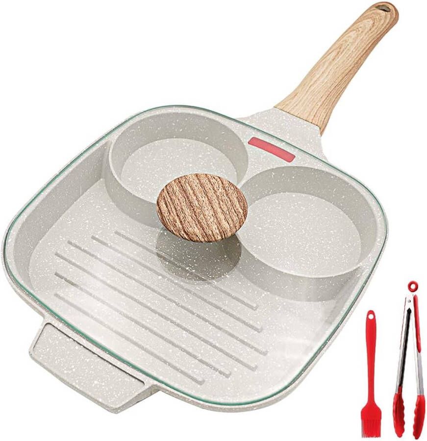Gebakken eierpan 21 cm pannenkoekenpan met deksel 3-gaats aluminium eierpan met antiaanbaklaag voor ontbijt voor inductie & Gas Wit