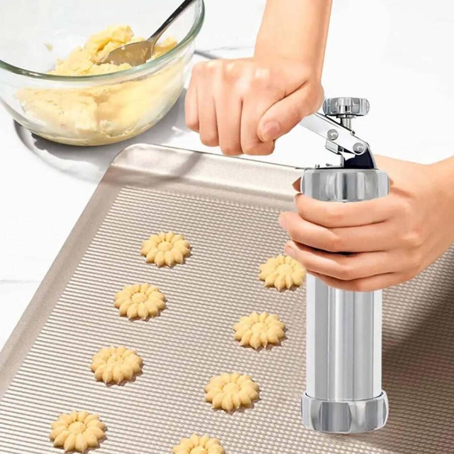 Gebakpersset spuitgebakpers roestvrij staal met 20 sjablonen en 4 spuitmonden draagbare koekjespers voor spuitgebak koekjesvormen voor doe-het-zelf koekjes bakken en taartdecoratie