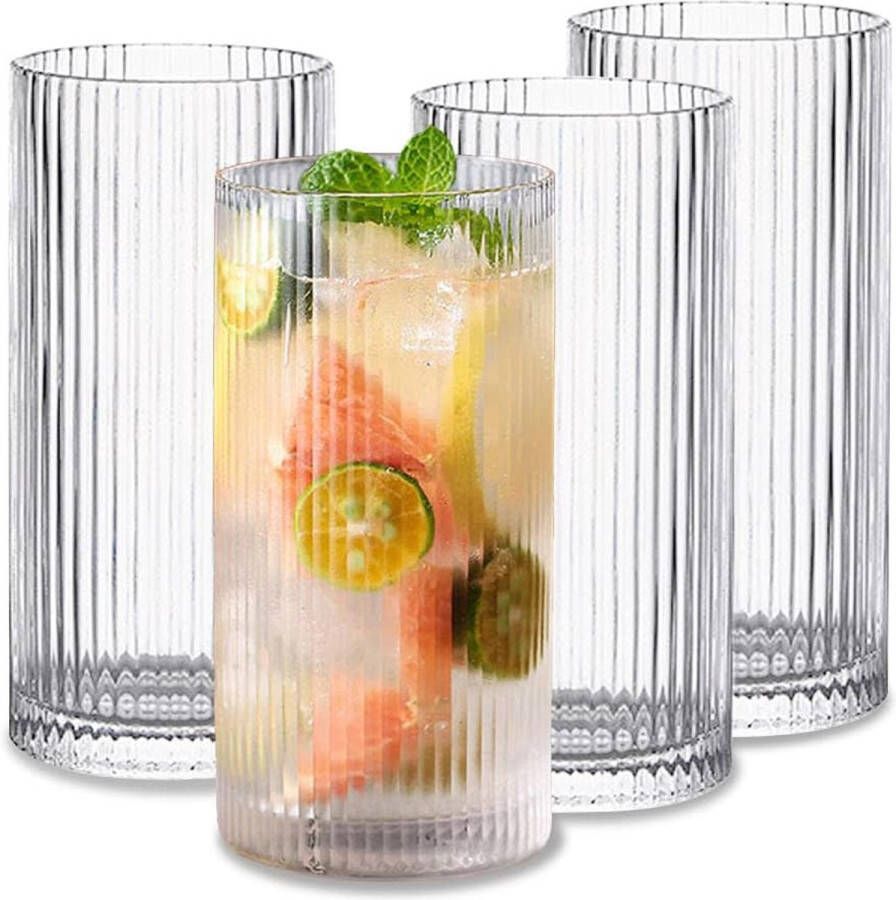 Gecanneleerde longdrinkglazen van 370 ml met glazen rietje Ideaal voor whisky bier sappen Vaatwasmachinebestendig Hoogwaardige cocktailglazen & drinkglazen