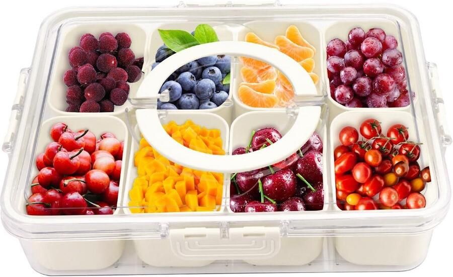 Gedeeld dienblad met deksel en handvat snackbord met vakken snackbord met 8 vakken specerijen snacks groenten fruit noten chips snoep koekjes serveerbord