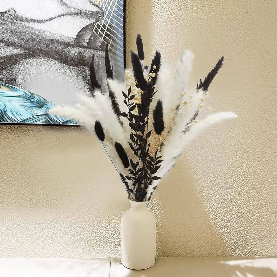 Gedroogde pampasgras zwarte droogbloemenset gedroogde planten bloemenboeket arrangement witte droogbloemen dried bloemen voor boho-decoratie woonkamer en vazen