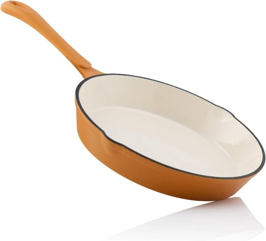 Geëmailleerde gietijzeren braadpan 24 cm Sunny Orange twee schenktuiten