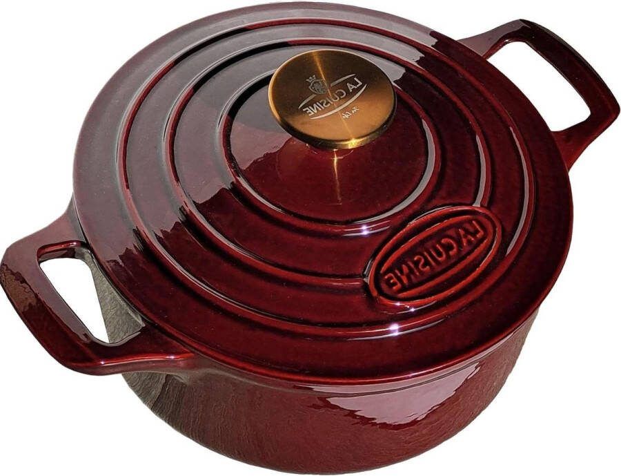 Geëmailleerde gietijzeren braadpan met deksel 2 Ltr 20 cm Dia Matzwart interieur Cranberry emaille Verguld SS handvat