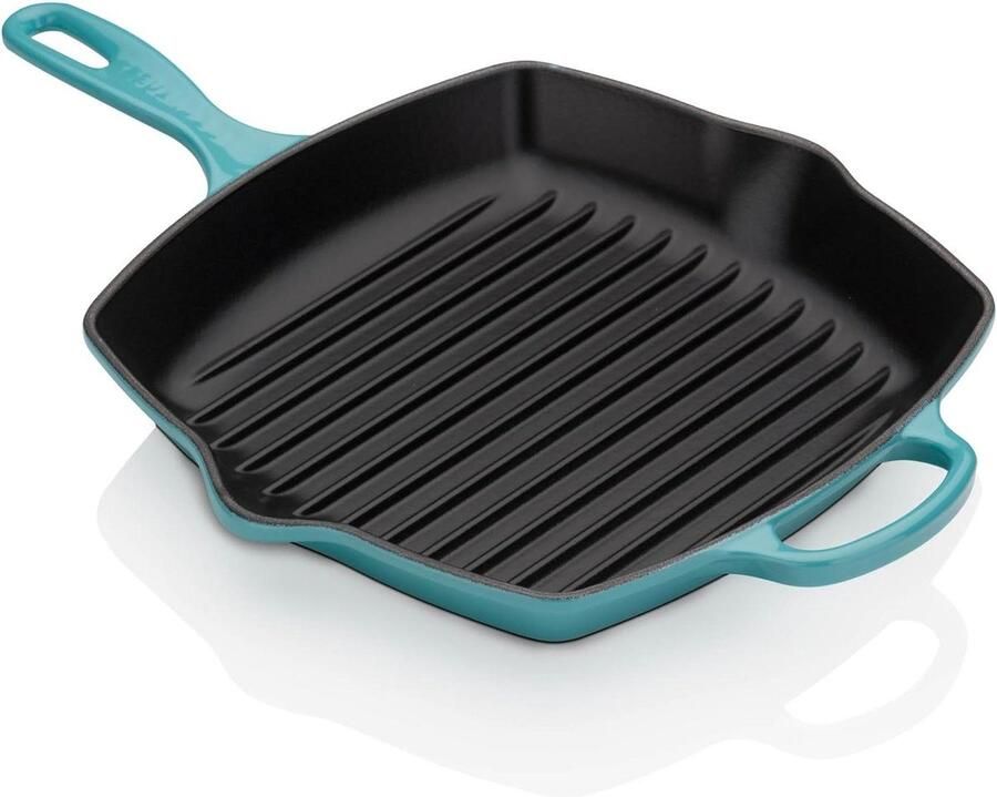 Geëmailleerde gietijzeren grillpan met handgreep Geschikt voor alle kookplaten Ovenbestendig 26 cm Groenblauw Grilplaat