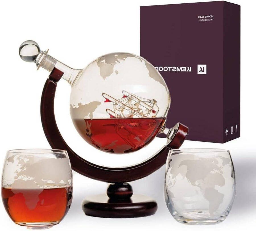 Geëtste Whisky Globe Karaf met Glazen Set (850 ml) voor sterke drank bourbon wodka Whisky Gift Sets voor Mannen Home Bar Accessoires Alcoholische Dranken