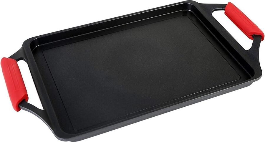 Braadpan voor inductie grillplaat 37 x 25 cm gegoten aluminium anti-aanbaklaag milieuvriendelijk PFOA-vrij 5 mm dik siliconen handgrepen glaskeramiek gas oven