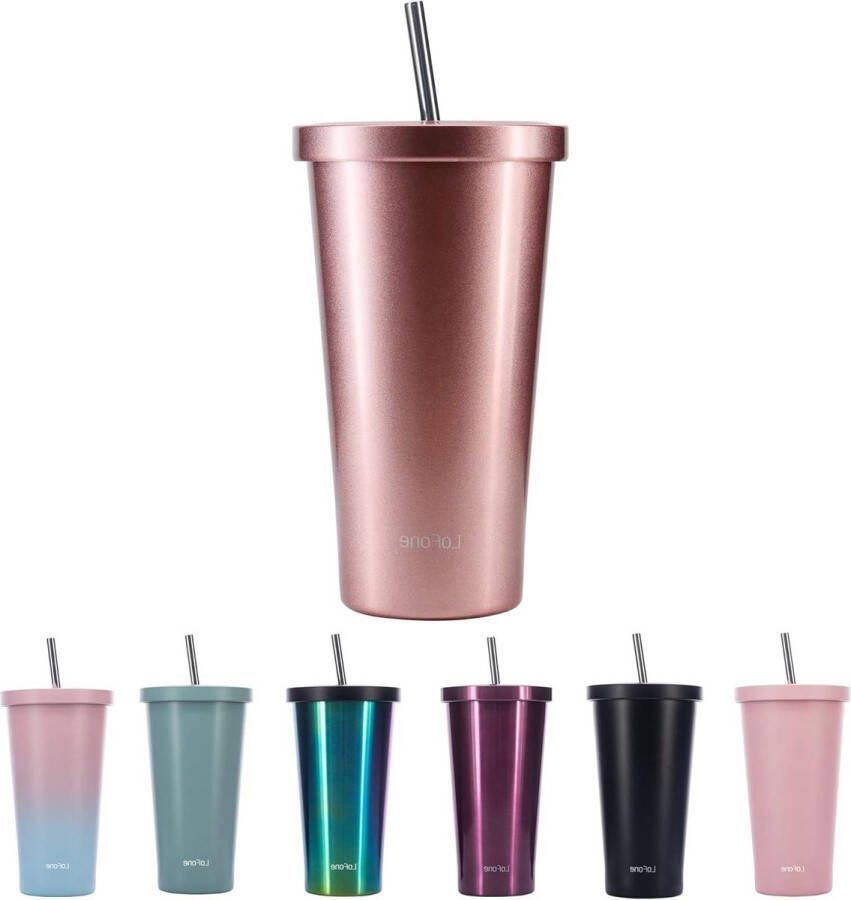 Geïsoleerde 17oz 500ml RVS rietjesbeker Dubbelwandige thermische reismok voor ijs of warme dranken Roségoud