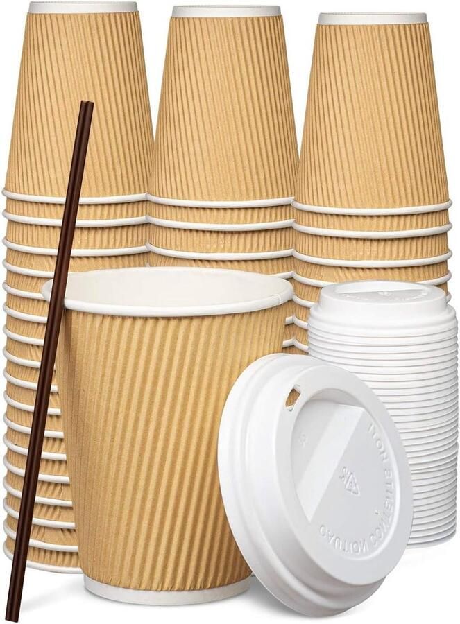 Geïsoleerde Kartonnen Hete Koffiebekers met Deksels – 100 sets – 350 ml
