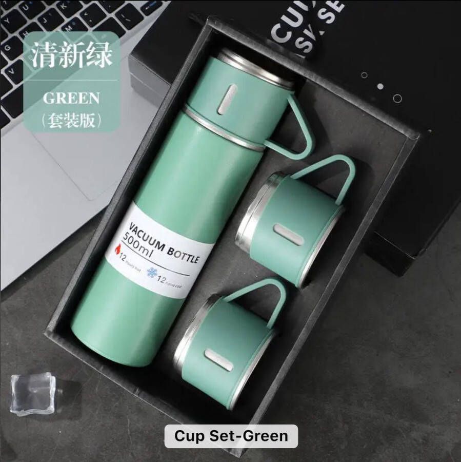 Geïsoleerde Rvs Thermosfles + Mokken Set 500 ml Geschenktas Met Kopjes Draagbare Thee Koffie Reismok Vacuüm Cup Mintgroen