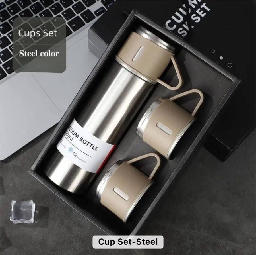 Geïsoleerde Rvs Thermosfles + Mokken Set 500 ml Geschenktas Met Kopjes Draagbare Thee Koffie Reismok Vacuüm Cup Steel