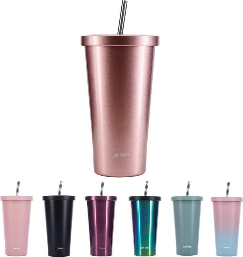Geïsoleerde thermische mok met rietje 500 ml dubbelwandige thermische mok roestvrijstalen koffiekop voor ijskoude of warme dranken (rosé goud)