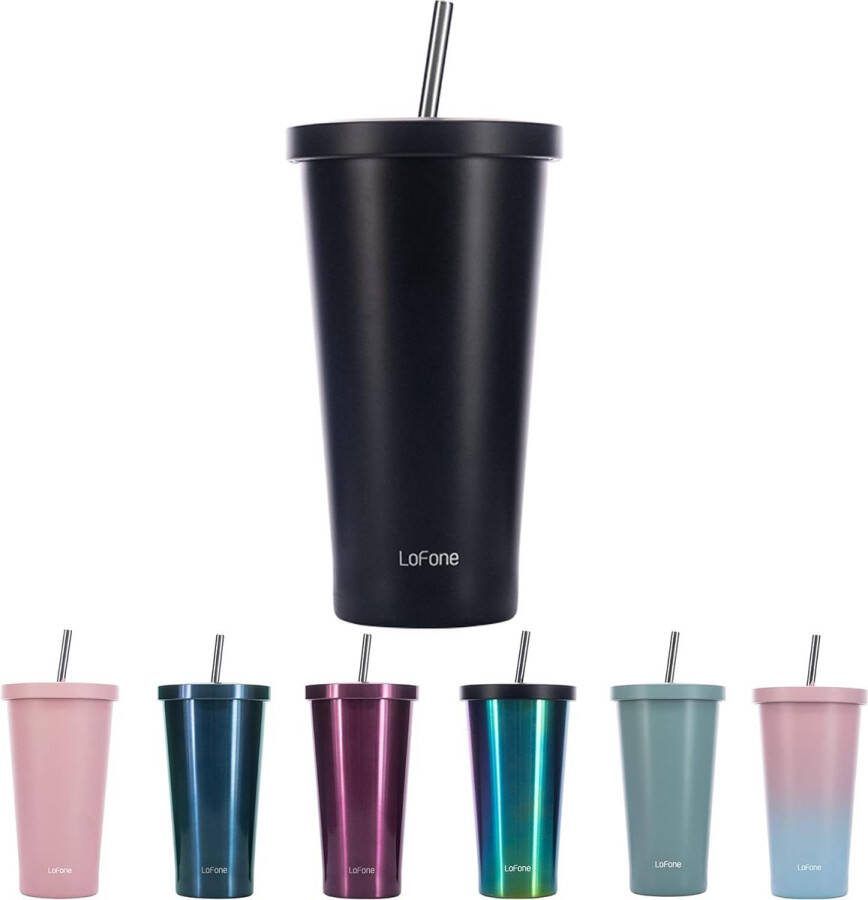 Geïsoleerde thermische mok met rietje 500 ml dubbelwandige thermische mok roestvrijstalen koffiekop voor ijskoude of warme dranken (zwart)