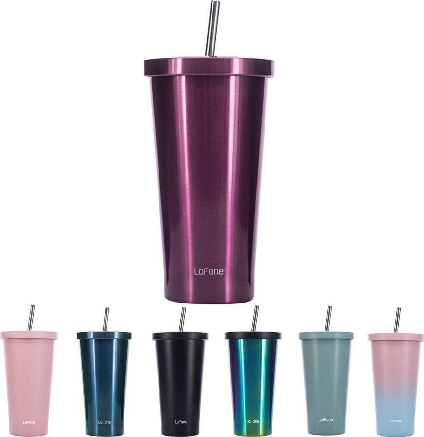 Geïsoleerde thermische mok met rietje 500 ml dubbelwandige thermische mok roestvrijstalen koffiekop voor ijskoude of warme dranken (paars)