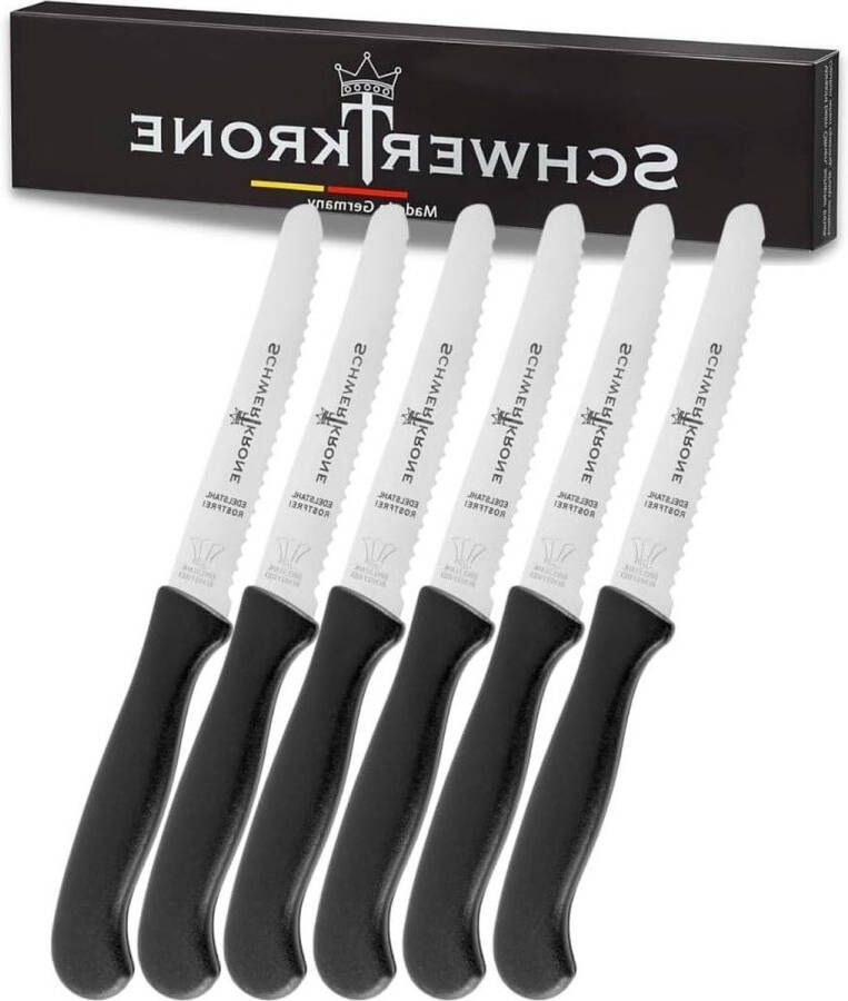 Gekarteld broodmes tomatenmes tafelmes set groentemessen zwart vaatwasmachinebestendig 6 delig