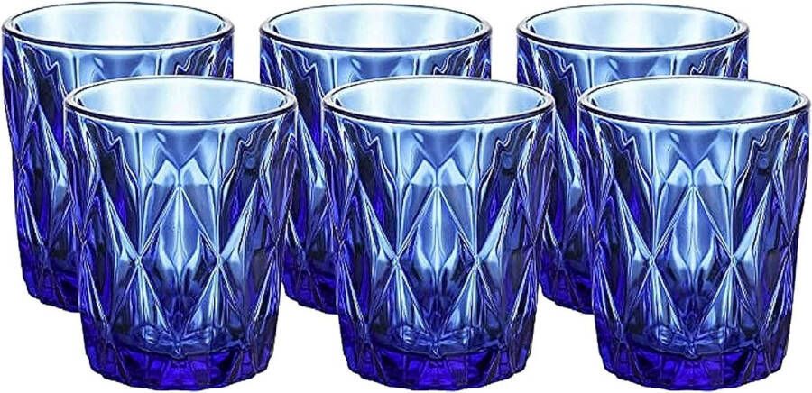 Gekleurde glazen drinkgerei waterglazen kobaltblauw diamantpatroon set van 6
