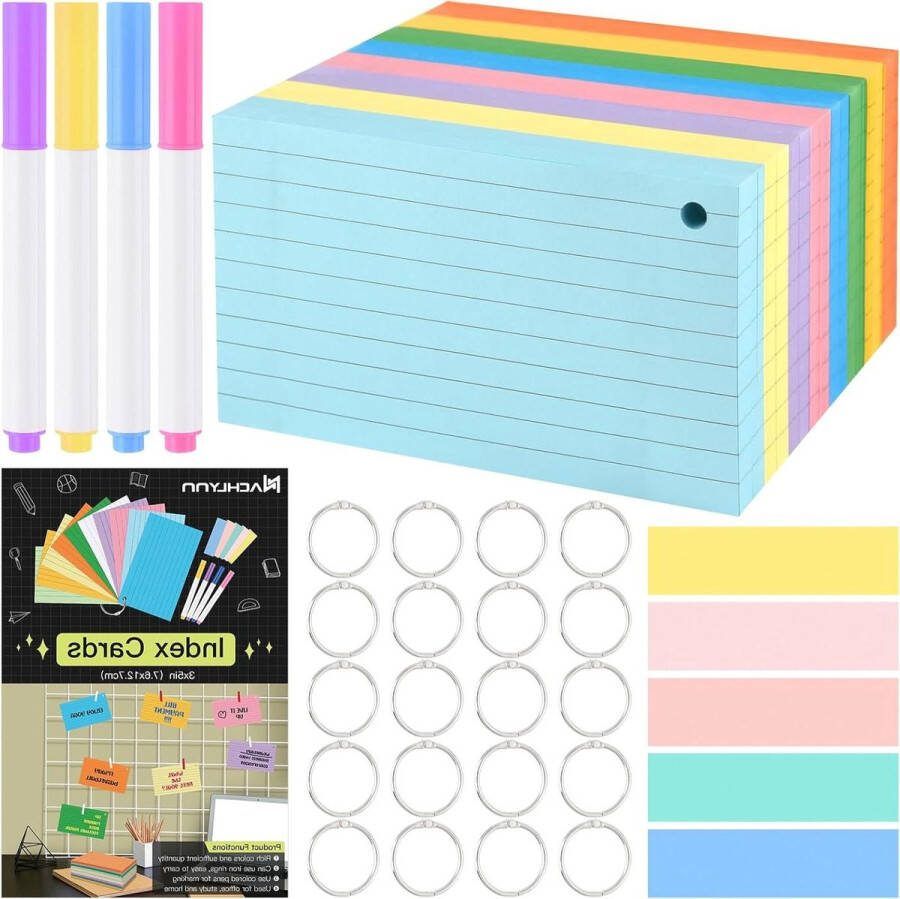 Gekleurde indexkaarten 3 x 5 inch Gelijnd 1000 stuks Flashcards voor studeren Thuiskantoor School