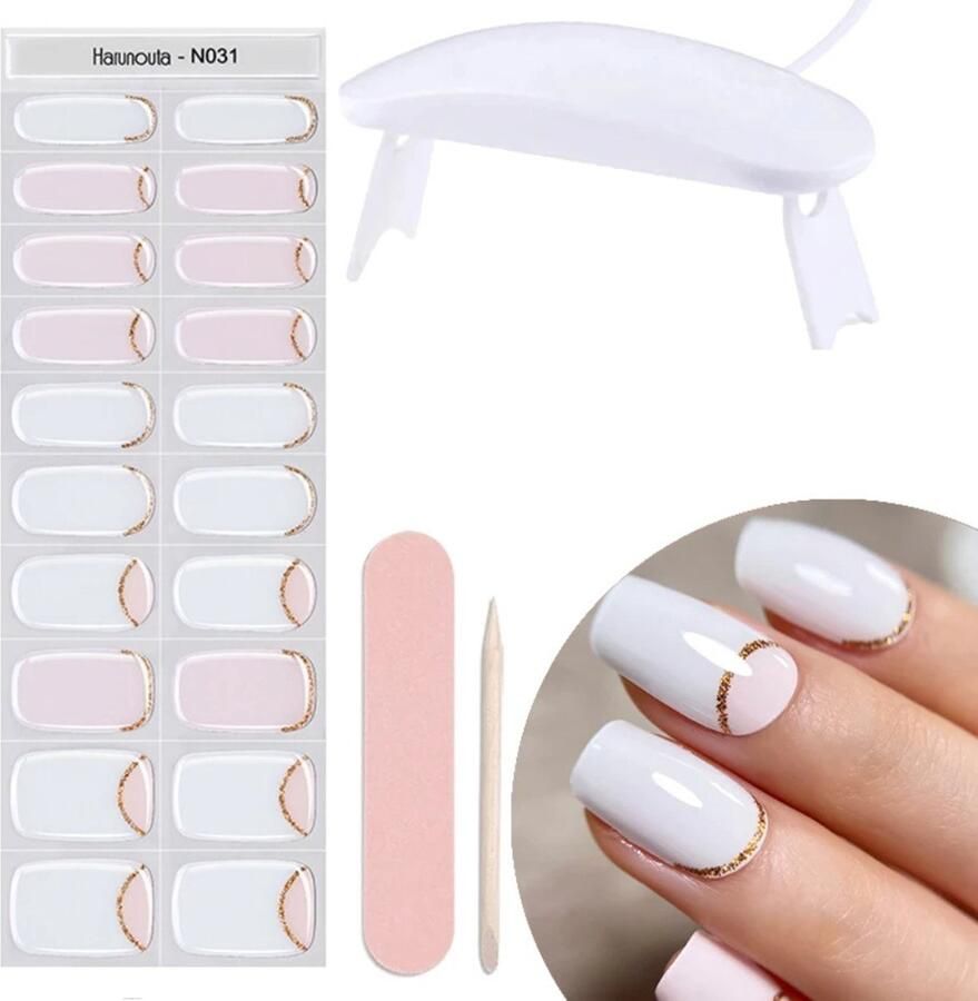 Gel Nagel Stickers UV Stickers Gel Nagels Zelfklevende Nagels Roze Inclusief 6W Lamp Roze Wit Goud