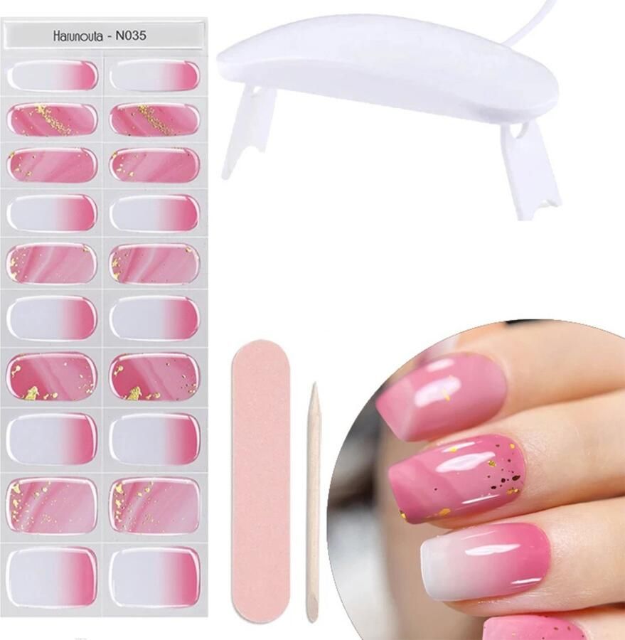 Gel Nagel Stickers UV Stickers Gel Nagels Zelfklevende Nagels Roze Met Glitters Inclusief 6W Lamp