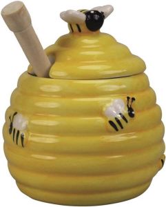 Merkloos Sans marque Gele honingpot met honinglepel stokje 11 cm Keukengerei tafelgerei Thee drinken Honing potten met 3D bijenmotief